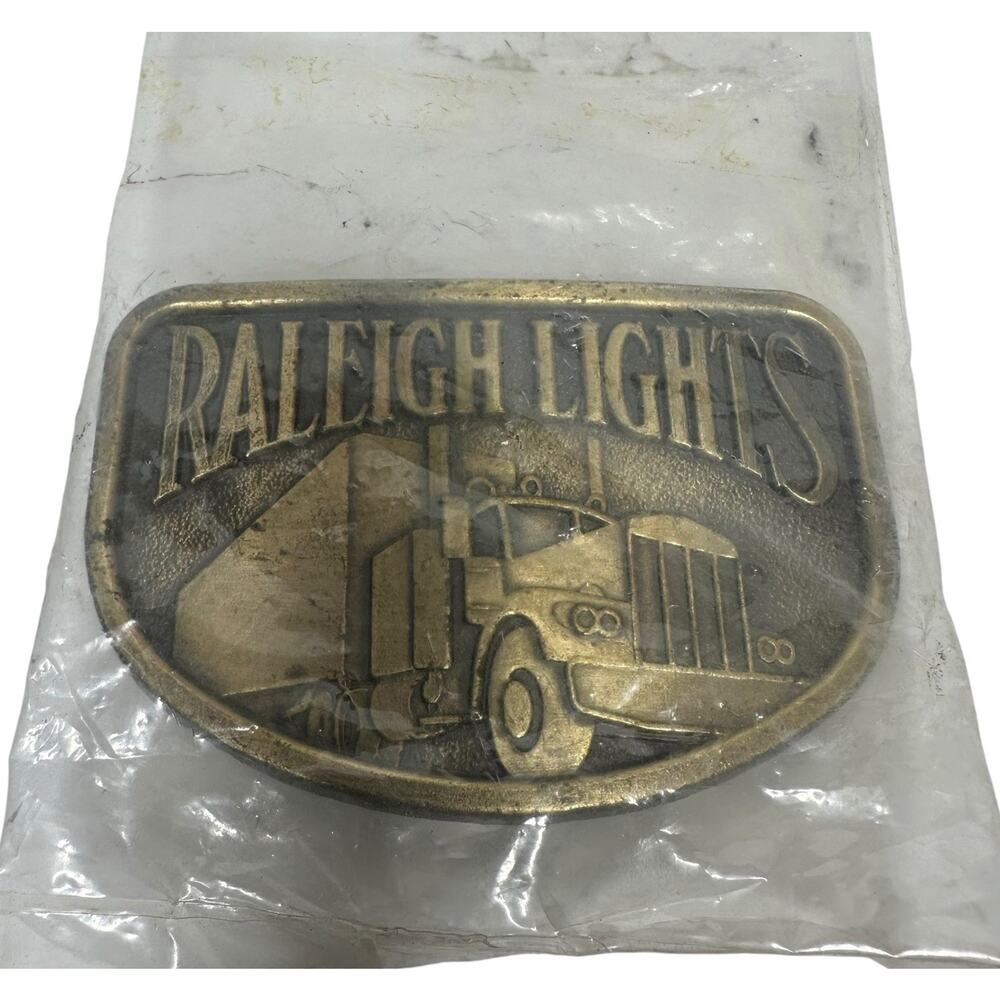 Vtg Raleigh Lights Tobacco Cigarettes Semi Truck Trucker Brass Belt Buckle 70s